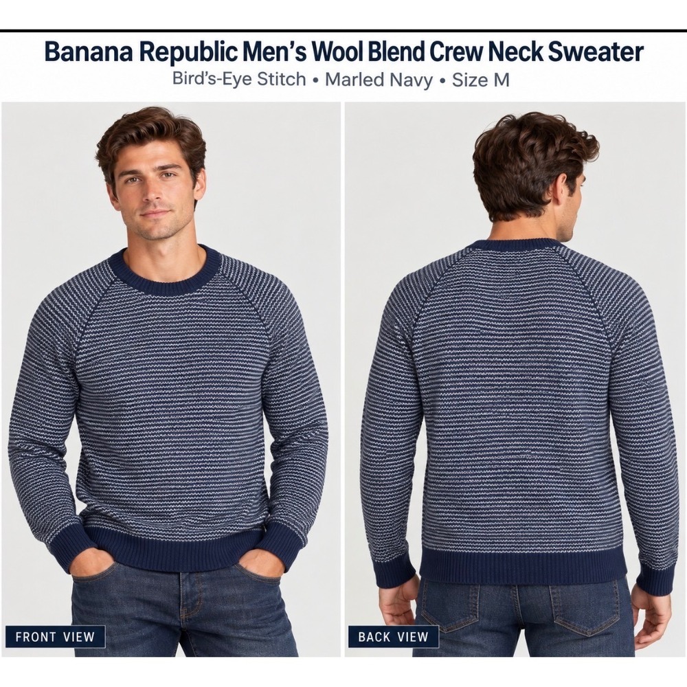 Banana Republic Men's M Navy Marled Wool Blend Birdseye Crew Neck Sweater